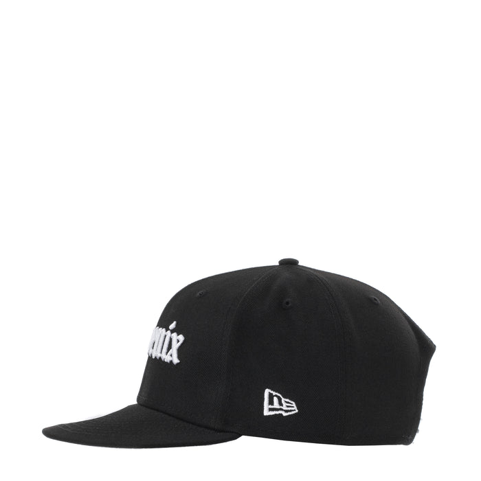 Black baseball cap with left side white logo and New Era mark