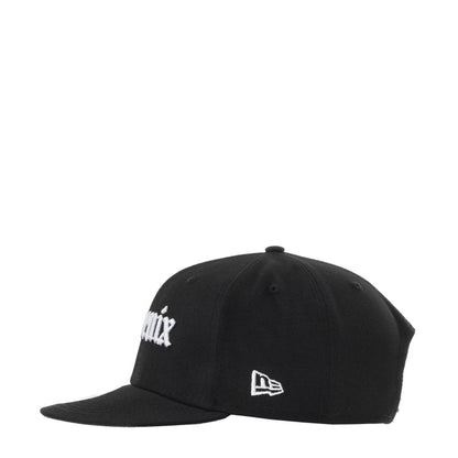 Black baseball cap with left side white logo and New Era mark
