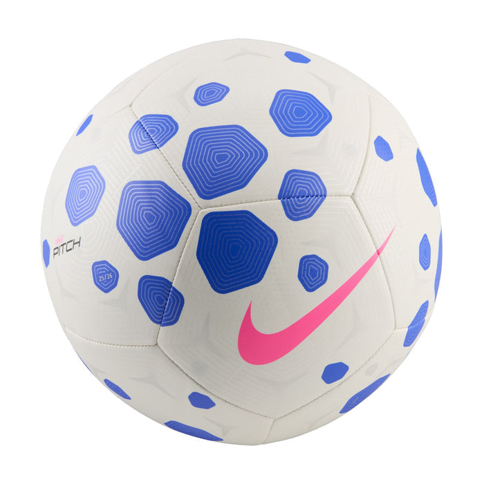 White soccer ball with blue and pink geometric panels, Nike swoosh, 'PITCH' mark