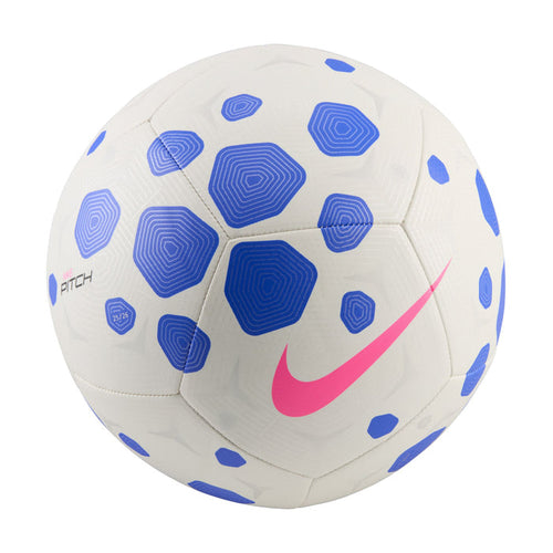 White soccer ball with blue and pink geometric panels, Nike swoosh, 'PITCH' mark
