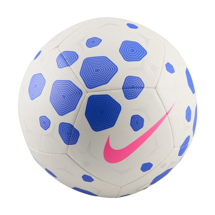 White soccer ball with blue hex patterns and pink swoosh accent