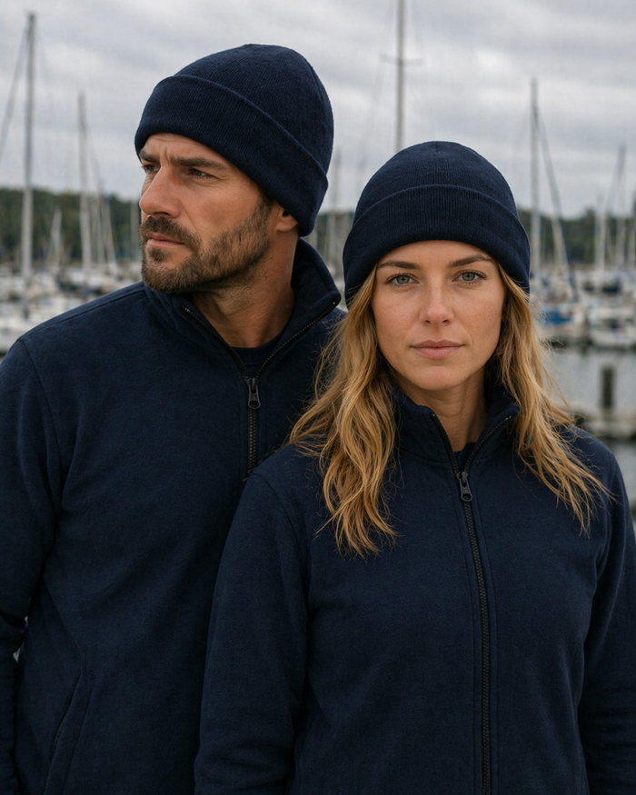 Navy blue polar fleece beanie knit hat perfect for workwear and uniforms to keep warm on the job