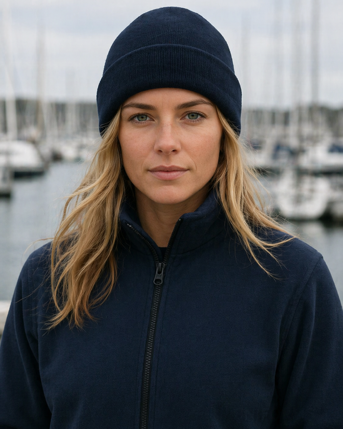 Navy blue polar fleece beanie with knit texture perfect for work uniforms and outdoor workwear protection