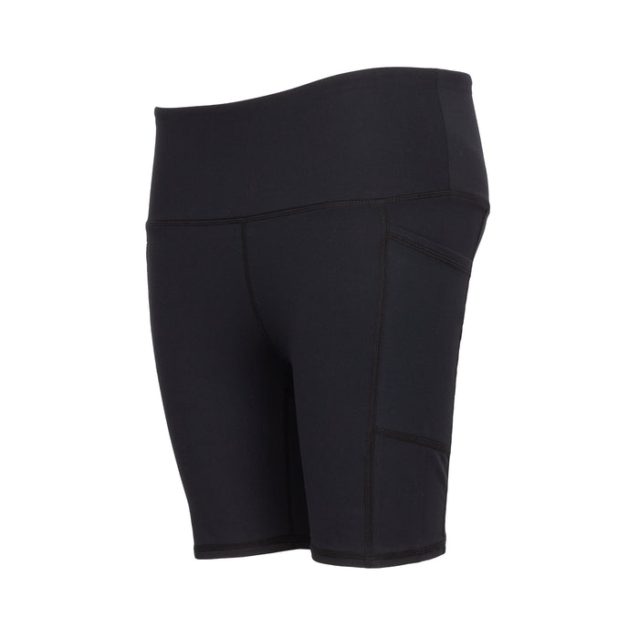 Women’s black high-waist bike shorts, angled view showing darker side panel