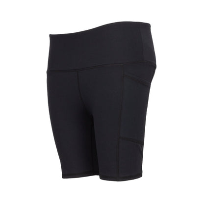 Women’s black high-waist bike shorts, angled view showing darker side panel