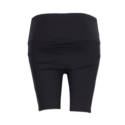 Women’s black high-waist bike shorts, back view with central seam and contoured panels