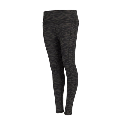 Women's black patterned leggings, angled view, full-length and fitted