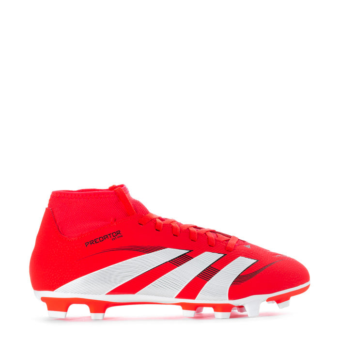 Men’s red high-top soccer cleats with white stripes, black accents, molded studs