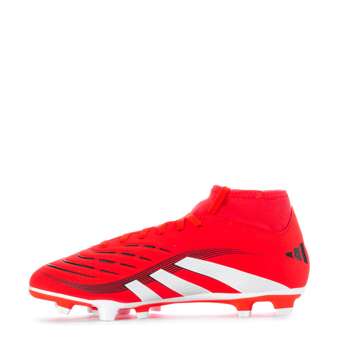 Red mid-cut soccer cleat with white/black detailing and molded TPU studs