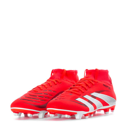 Pair of red soccer cleats with white stripes, black texture panels, and studded soles