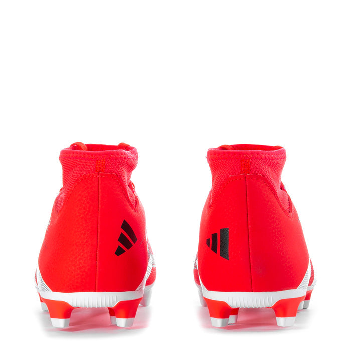 Red soccer cleats, back view, with black side logo and white outsole accents