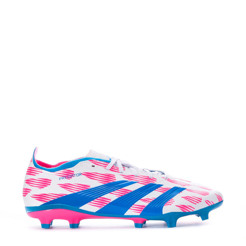 Men's soccer cleats, white with pink pattern and blue stripes, FG firm-ground studs