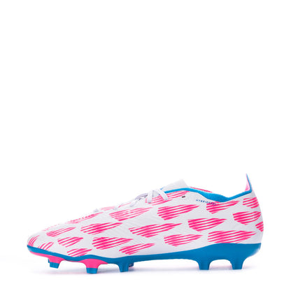 Men's soccer cleats, side view in white with pink graphics and blue accents, FG studs