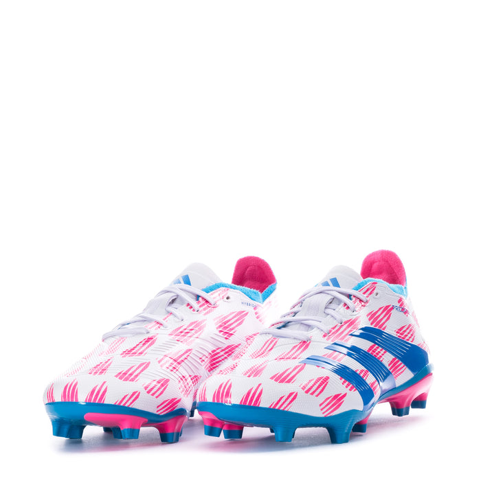 Men's soccer cleats pair, white uppers with pink patterns and blue stripes, FG outsole
