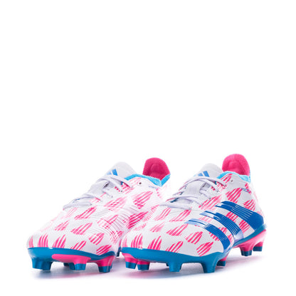 Men's soccer cleats pair, white uppers with pink patterns and blue stripes, FG outsole