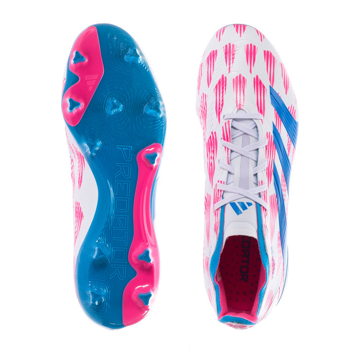 Men's soccer cleats outsole and heel, blue base with pink accents, FG traction studs