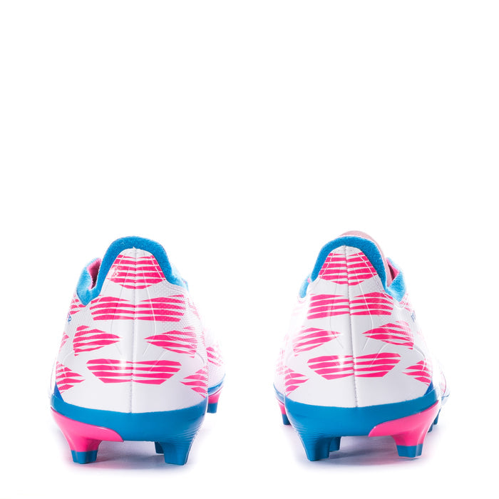 Men's soccer cleats back view, white with pink pattern and blue heel details, FG studs