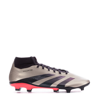 Men's mid-cut FG soccer cleats in light gray, black laces, purple stripes, red studs