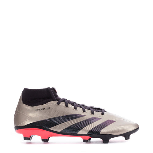 Men's mid-cut FG soccer cleats in light gray, black laces, purple stripes, red studs