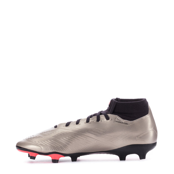 Men's mid-cut FG soccer cleats, light gray with black collar, purple details, red studs