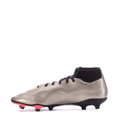 Men's mid-cut FG soccer cleats, light gray with black collar, purple details, red studs