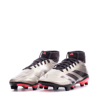 Men's mid-cut FG soccer cleats, light gray, black laces, purple graphic, red studs