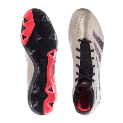 FG soccer cleats soles and sides: black with red accents, light gray uppers, black laces