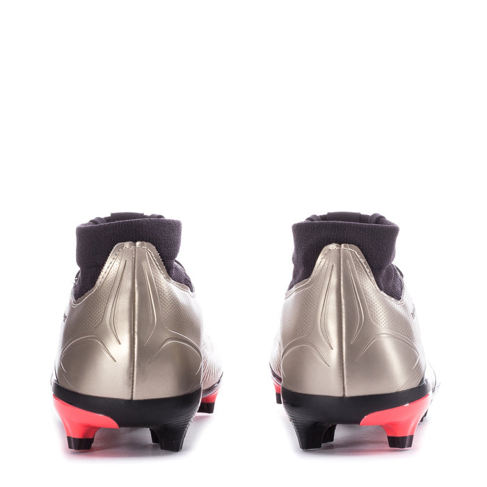 Men's FG soccer cleats heels, light gray uppers, black collar, red outsole studs