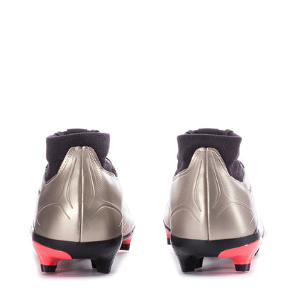 Men's FG soccer cleats heels, light gray uppers, black collar, red outsole studs