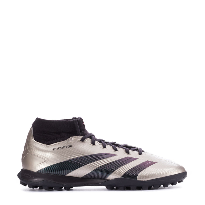 Men's mid-cut TF soccer cleats, metallic silver with black collar and purple stripes