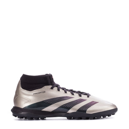 Men's mid-cut TF soccer cleats, metallic silver with black collar and purple stripes