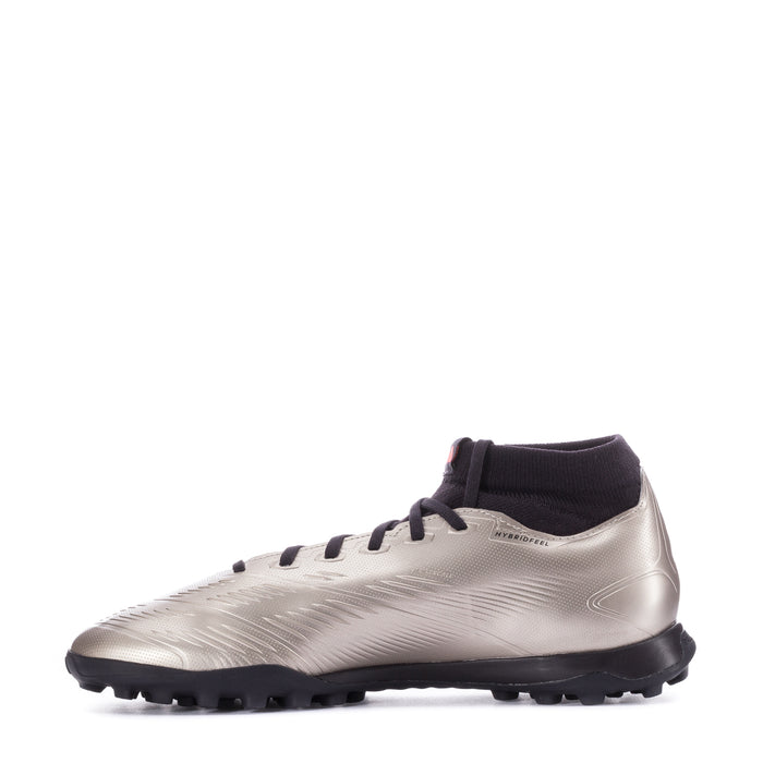 Men's mid-cut TF soccer cleats, metallic silver upper with black laces and rubber studs