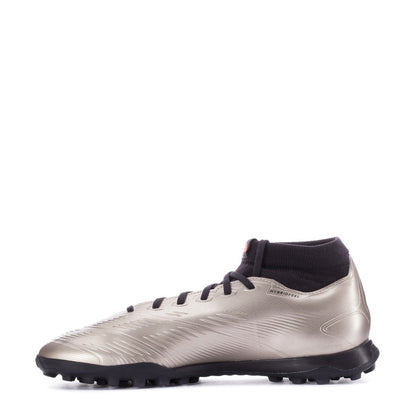 Men's mid-cut TF soccer cleats, metallic silver upper with black laces and rubber studs