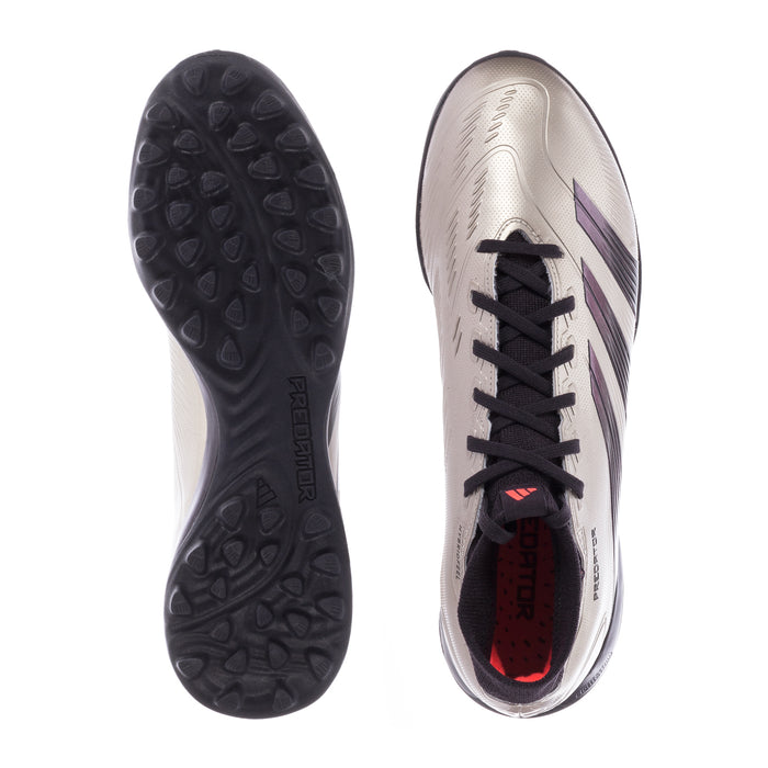 Men's TF soccer cleat sole and side, metallic silver with black laces and grip studs