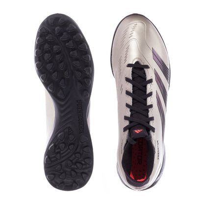 Men's TF soccer cleat sole and side, metallic silver with black laces and grip studs