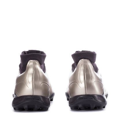 Men's mid-cut TF soccer cleats heel view, metallic silver with black trim and studs