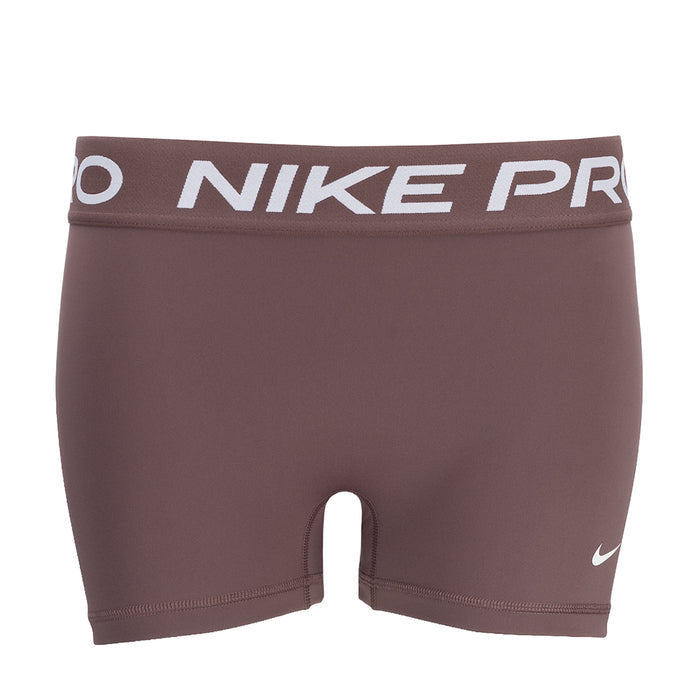 Women’s 3-inch performance shorts, dark mauve with Nike Pro elastic waistband.