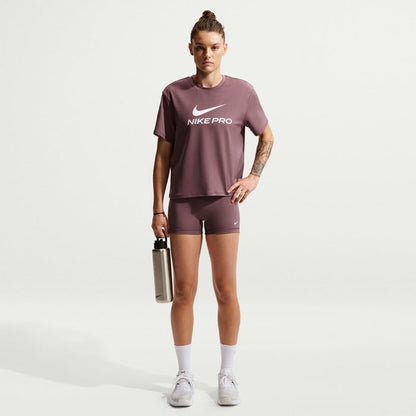Women’s 3-inch performance shorts, dark mauve; Nike Pro logo at waistband.
