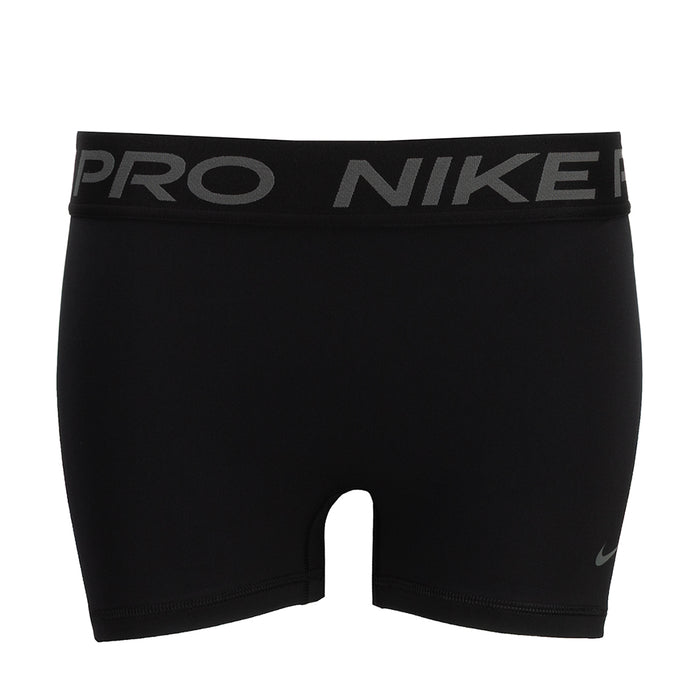 Black Nike Pro DF 3-inch women's compression shorts with elastic waistband logo