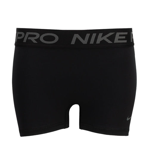 Black Nike Pro DF 3-inch women's compression shorts with elastic waistband logo