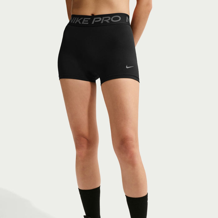 Black Nike Pro DF 3-inch women's compression shorts, back view with waistband logo