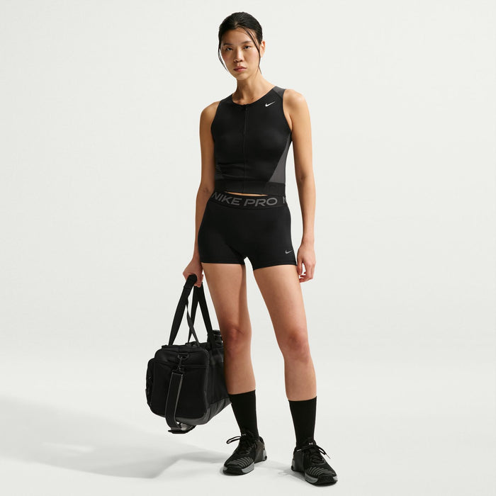 Black Nike Pro DF 3-inch women's compression shorts with front waistband branding
