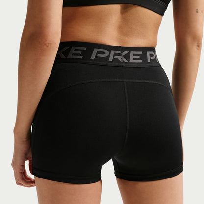 Black Nike Pro DF 3-inch women's compression shorts, close-up of back waistband and seams