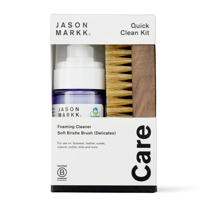 Foaming cleaner and soft bristle brush kit for delicate shoes, in retail box