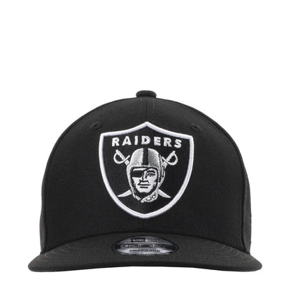 Black snapback cap with Raiders shield logo at front in contrast white outline