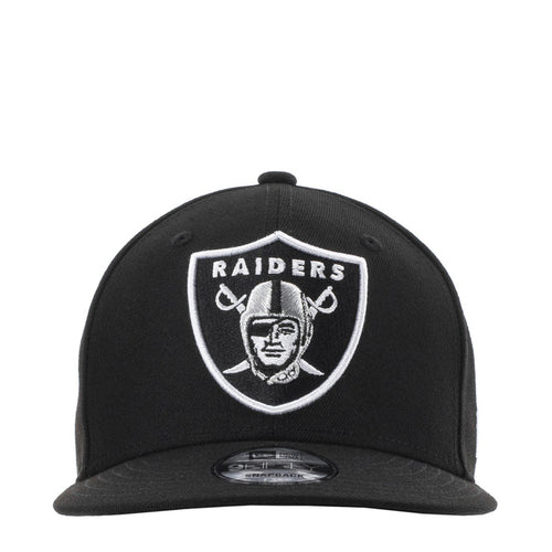 Black snapback cap with Raiders shield logo at front in contrast white outline