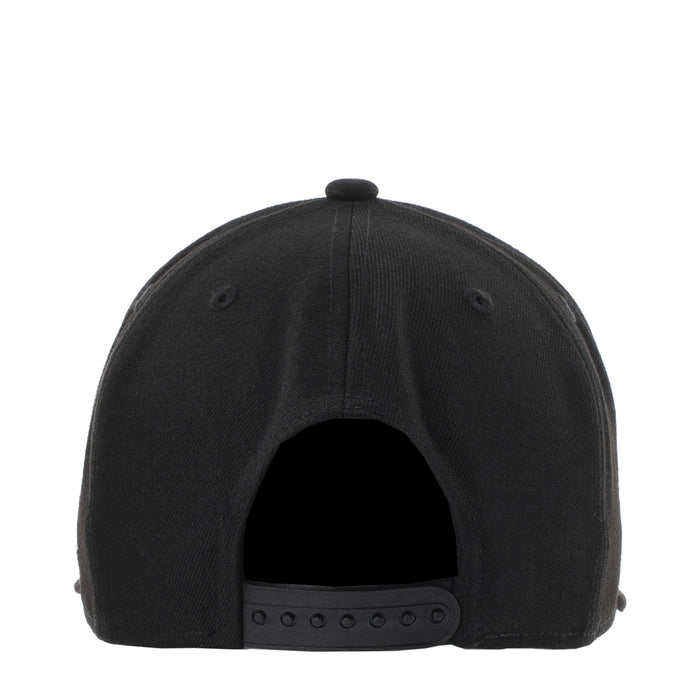 Black cap back view with adjustable snap strap and ventilation eyelets