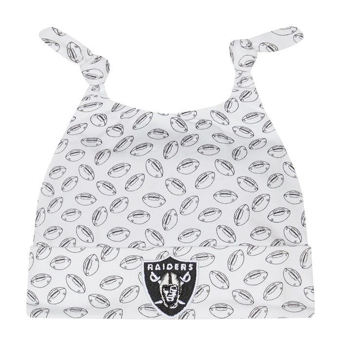 Infant knit beanie in white with football print and Raiders logo patch