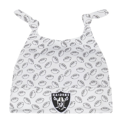 Infant knit beanie in white with football print and Raiders logo patch