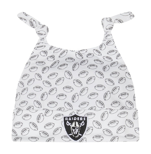 Infant knit beanie in white with football print and Raiders logo patch